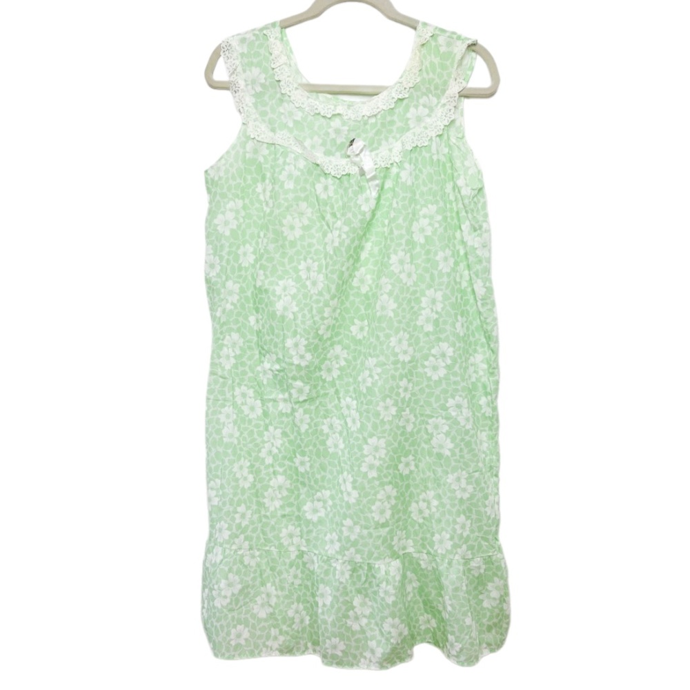 Vintage Green White Floral Nighty Gown Dress Small Loose Fit